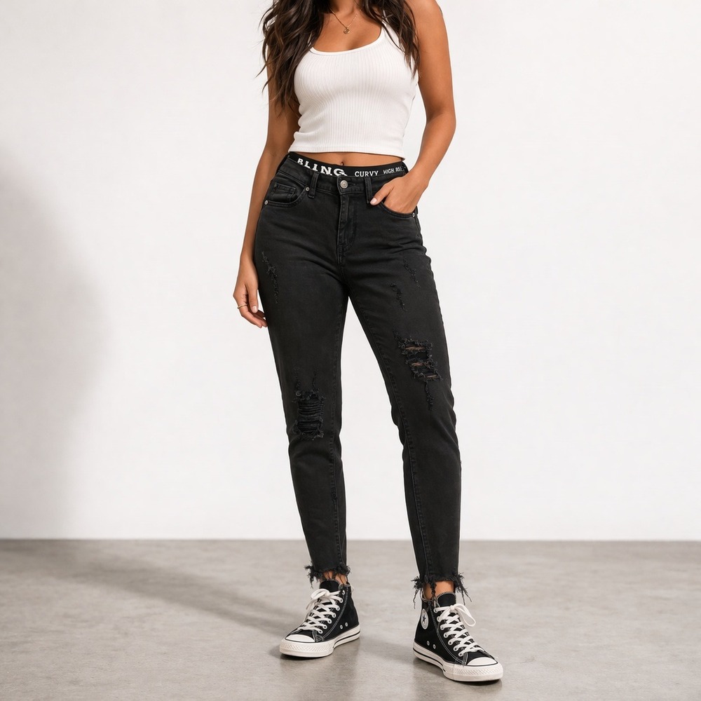 SONG Curvy High Rise Skinny‎ Jeans Womens 1 Black Distressed Ankle Raw Hem